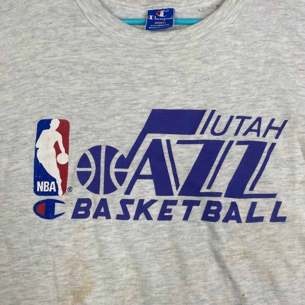Vintage Champion Utah Jazz T Shirt Mens Large Gray Single Stitch NBA Made in USA - Picture 2 of 10